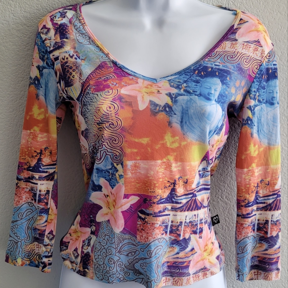 XOXO Buddha Design, Multi-Color Stretchy Crop Top Size L, Made in USA
